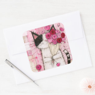 Sticker Carré Chat en smoking tenant un bouquet de roses roses