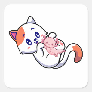 Sticker Carré Chat et Axolotl Kawaii Neko Anime