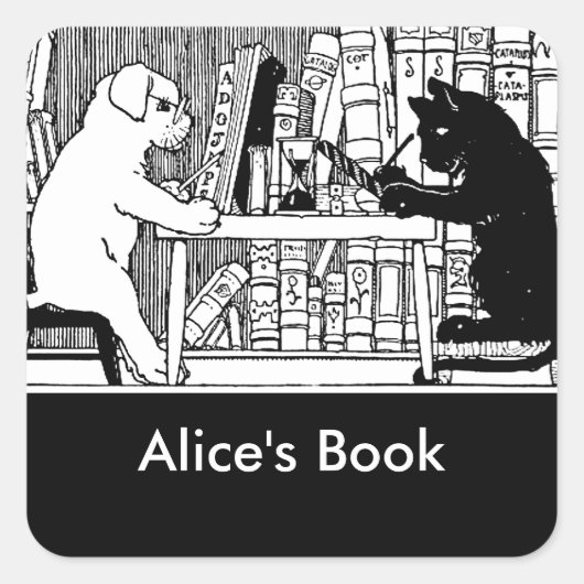 Sticker Carré Chat et chien dans la bibliothèque (Devant)