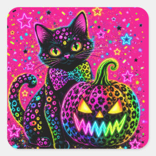 Sticker Carré Chat et citrouille néon Halloween léopard pour fêt