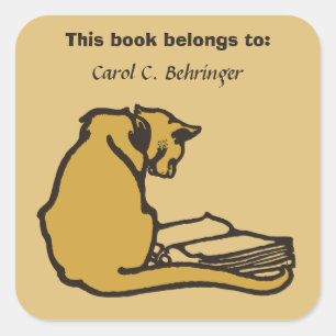 Sticker Carré Chat et livre, vintage bibliothèque personnalisabl