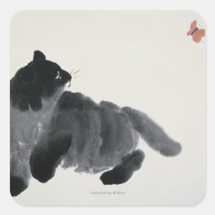 Sticker Carré Chat et papillon