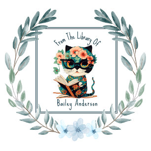 Sticker Carré Chat floral mignon avec lunettes et plaque de rése