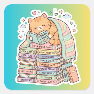 Sticker Carré Chat Fumeur de Livres Coin Lecture Chaton