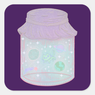 Sticker Carré Chat Galaxie dans un Pot Art de Chat Kawaii de l