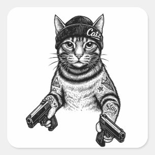 Sticker Carré Chat Gangster Tatoué Art   Kitty Streetwear Cool