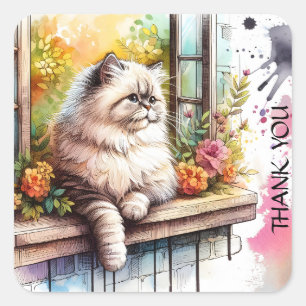 Sticker Carré Chat gris perse dans la fenêtre Fleurs d'été