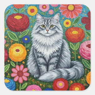 Sticker Carré Chat gris rayé et duveteux avec fleurs d'art folkl
