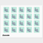 Sticker Carré Chat Gris Tabby Étiré en Vert (Feuille)