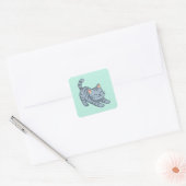 Sticker Carré Chat Gris Tabby Étiré en Vert (Enveloppe)