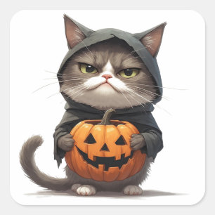 Sticker Carré Chat Grumpy Dans Un Costume De Sorcière Citrouille