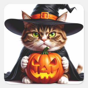 Sticker Carré Chat grumpy ensorcelé avec citrouille Jack O Lante