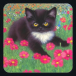 Sticker Carré Chat Gustav Klimt Tuxedo<br><div class="desc">Stickers avec un chat tuxedo Gustav Klimt ! Cette adorable petite chatte noire et blanche est installée dans un champ de fleurs rouges,  bleues,  blanches et oranges. Un cadeau génial pour les amateurs d'art amoureux des chats et autrichiens !</div>