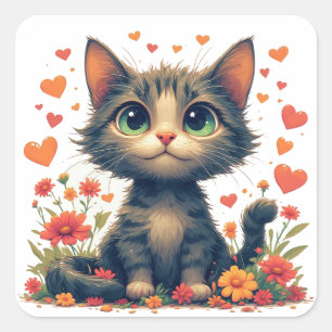 Sticker Carré Chat Heureux Avec Fleurs Dessin Animé Amusant 🌸