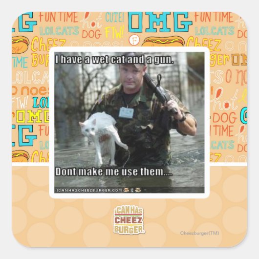 Sticker Carré Chat humide et pistolet (Devant)