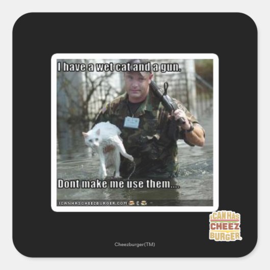 Sticker Carré Chat humide et pistolet (Devant)