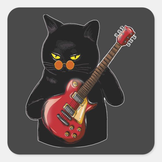 Sticker Carré Chat Jouer Guitare Acoustique (Devant)