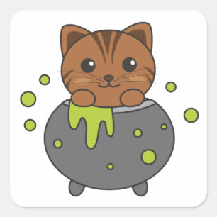 Sticker Carré Chat Joyeux Halloween Cauldron Bat