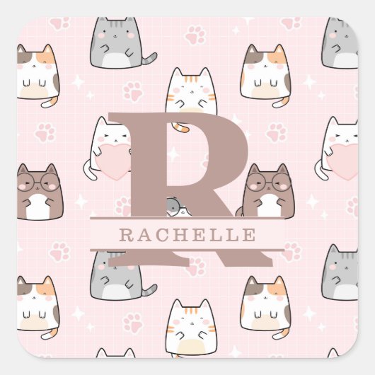 Sticker Carré Chat Kawaii en Arrière - plan rose (Devant)