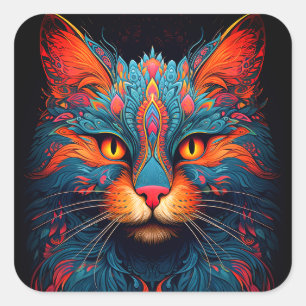 Sticker Carré Chat Kitty coloré Animal Psychedelic Imaginaire Ar