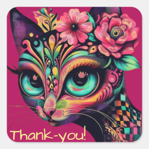 Sticker Carré Chat Kitty Diva Rétro aux Grands Yeux Fantaisistes