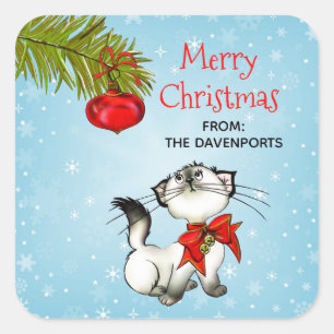 Sticker Carré Chat Kitty En Jeu Dans Une Bow De Noël Rouge