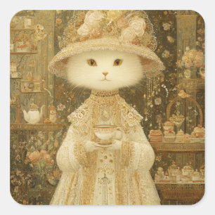 Sticker Carré Chat Lady Snow – Chat victorien avec tasse à thé