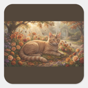 Sticker Carré Chat Licorne Tigré Orange – Jardin Automnal Enchan