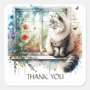 Sticker Carré Chat Longhair américain en fenêtre Fleurs d'été