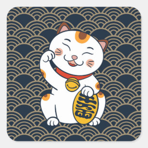 Sticker Carré Chat Lucky Japonais Calico   Maneki Neko
