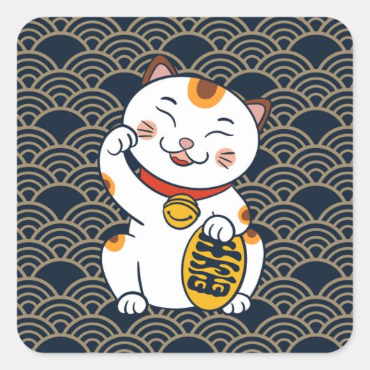 Sticker Carré Chat Lucky Japonais Calico | Maneki Neko (Devant)