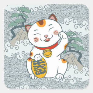 Sticker Carré Chat Lucky Japonais Calico   Maneki Neko Left Paw