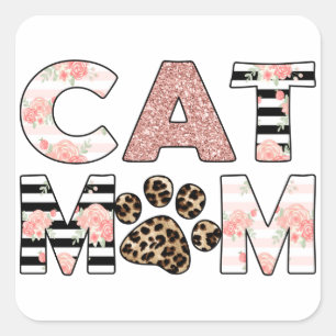 Sticker Carré Chat Maman Rose Floral & Leopard Paw