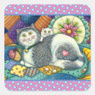 STICKER CARRÉ CHAT MÈRE & CUISINE, QUILTS EN PATCHWORK, PINCUSHI