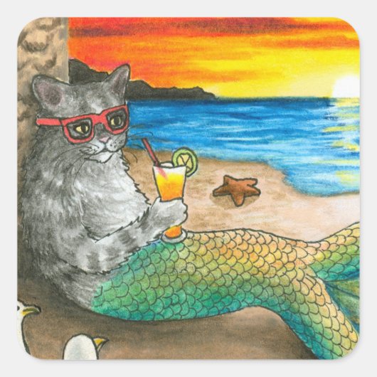 Sticker Carré Chat Mermaid 25 Beach Sunset (Devant)
