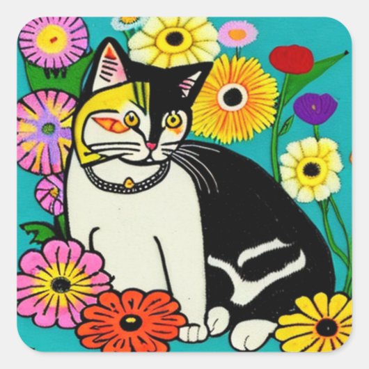 Sticker Carré Chat mignon avec Fleurs Jaunes Art populaire (Devant)