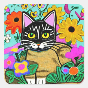 Sticker Carré Chat mignon avec l'art populaire de Fleur