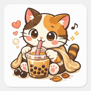 Sticker Carré Chat Mignon Buvant du Bubble Tea   Design de Chat 