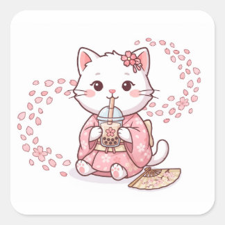 Sticker Carré Chat Mignon Buvant du Thé à Bulles Sakura