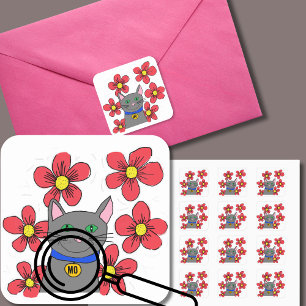 Sticker Carré Chat mignon entouré de fleurs