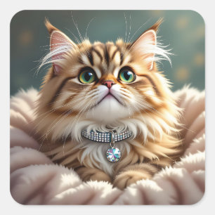 Sticker Carré Chat Mignon et Fluffy   Blanc