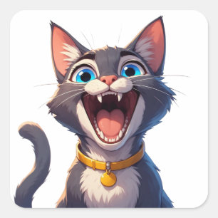 Sticker Carré Chat mignon expressif avec collier et yeux bleus �