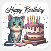 Sticker Carré Chat mignon Joyeux anniversaire (Devant)