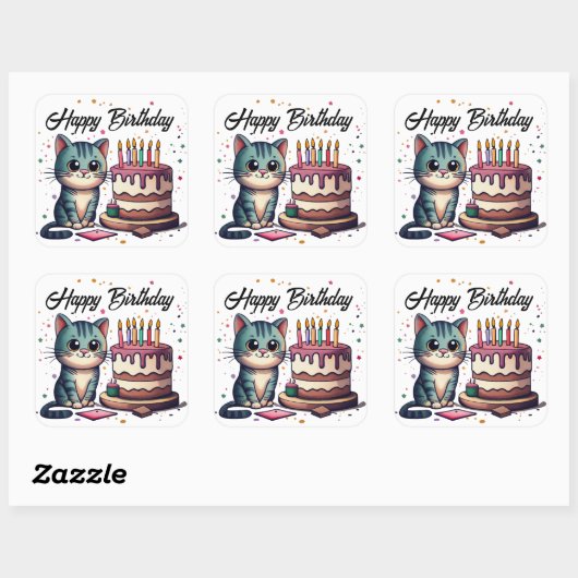 Sticker Carré Chat mignon Joyeux anniversaire (Feuille)