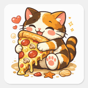 Sticker Carré Chat mignon qui enlace une pizza   Création de cha
