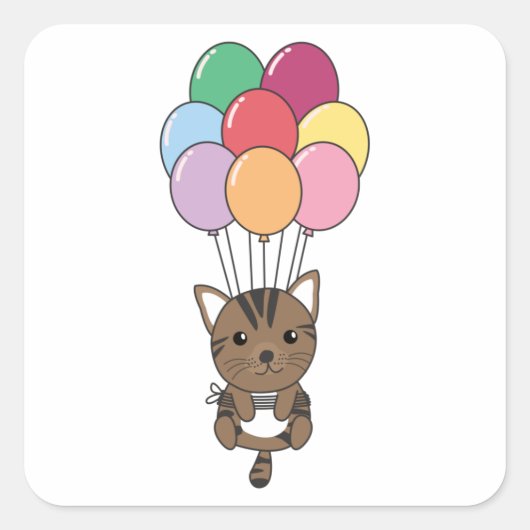 Sticker Carré Chat Mouche Avec Des Ballons Colorés (Devant)