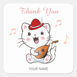 Sticker Carré Chat musical barde avec mandoline Merci