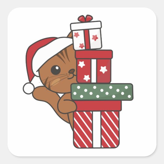 Sticker Carré Chat Noël Cadeau d'hiver Animaux Chats Carré Stic (Devant)