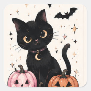 Sticker Carré Chat noir au collier Lune Citrouille Rose