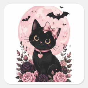 Sticker Carré Chat noir au collier Lune Citrouille Rose